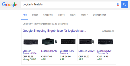 Google Shopping Anzeigen am Beispiel des Suchwortes "Logitech Tastatur"