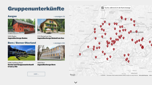 Startseite Übersicht der Gruppenunterkünfte mit einer Kartenansicht